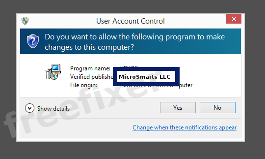 Screenshot where MicroSmarts LLC appears as the verified publisher in the UAC dialog